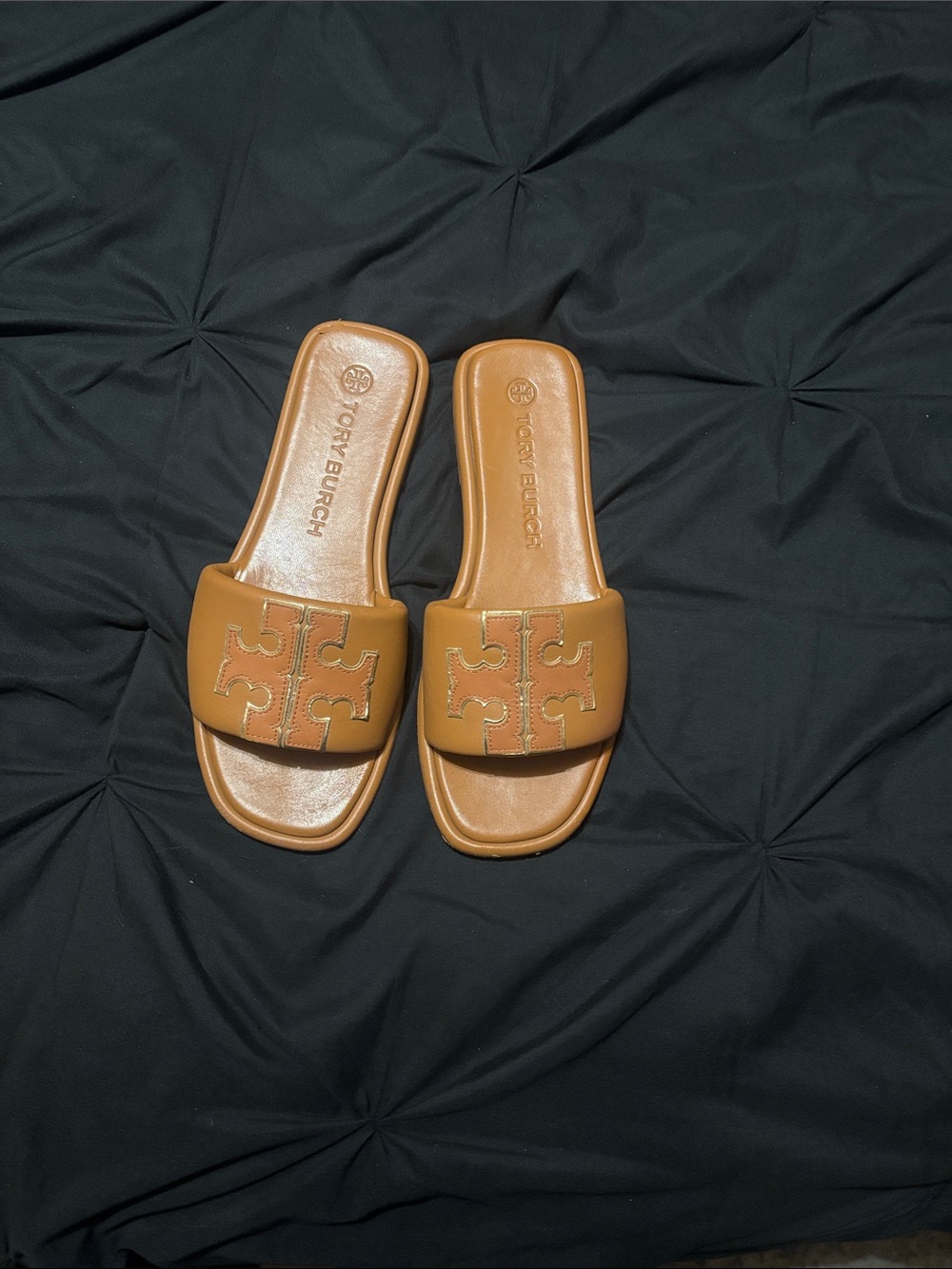 Tory Burch Cognac Leather Slide Mules with Logo